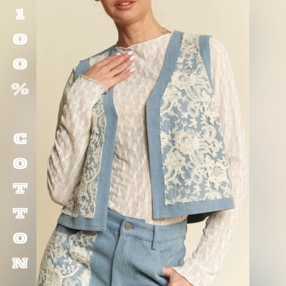100% Cotton Light Denim Open-Front Lace Vest